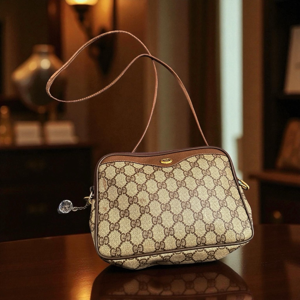Gucci Brown & Beige Coated Canvas Crossbody Bag w/ Zip Top - Picture 2 of 14
